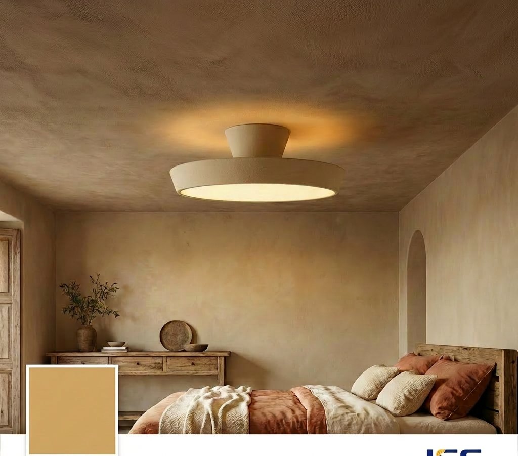 A LEE'S LIGHT ceiling lamp in Desert Yellow lighting a warm bedroom