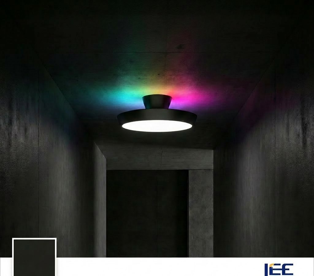 Visual26 in Midnight Black with the RGB ambient halo switched on in a dark hallway